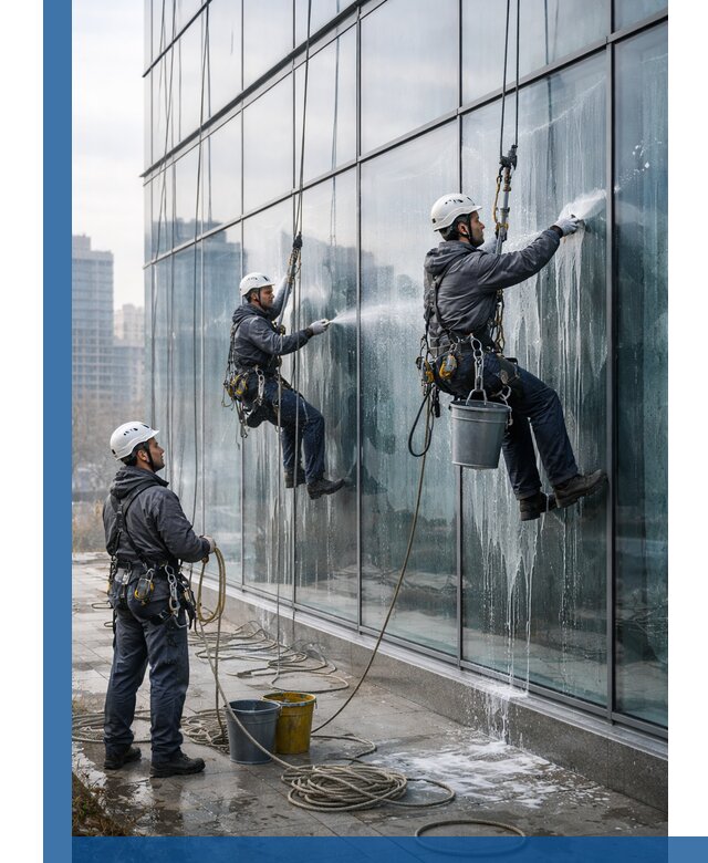 Промышленная мойка панорамных окон на высоте в Спасске-Дальнем