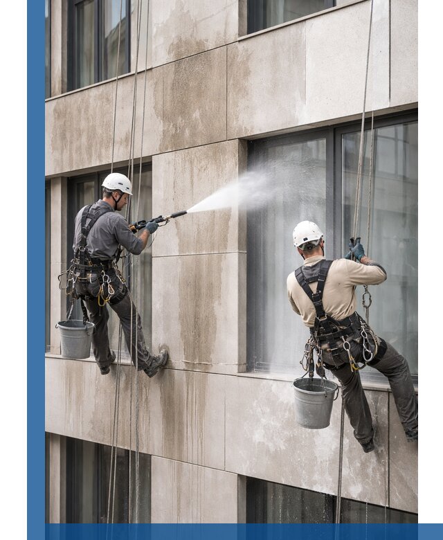 Послестроительная мойка фасада промышленным альпинизмом в Спасске-Дальнем