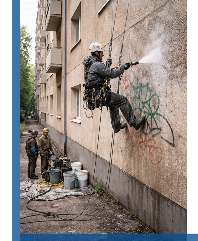 Удаление граффити с фасада в Спасске-Дальнем без следов и повреждений