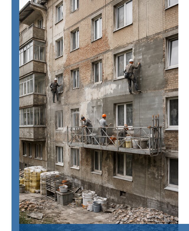 Капитальный ремонт фасада в Спасске-Дальнем с восстановлением и гидроизоляцией