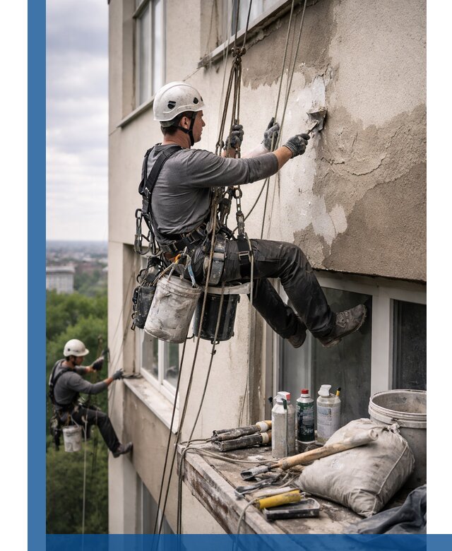 Косметический ремонт фасада зданий в Спасске-Дальнем промышленными альпинистами
