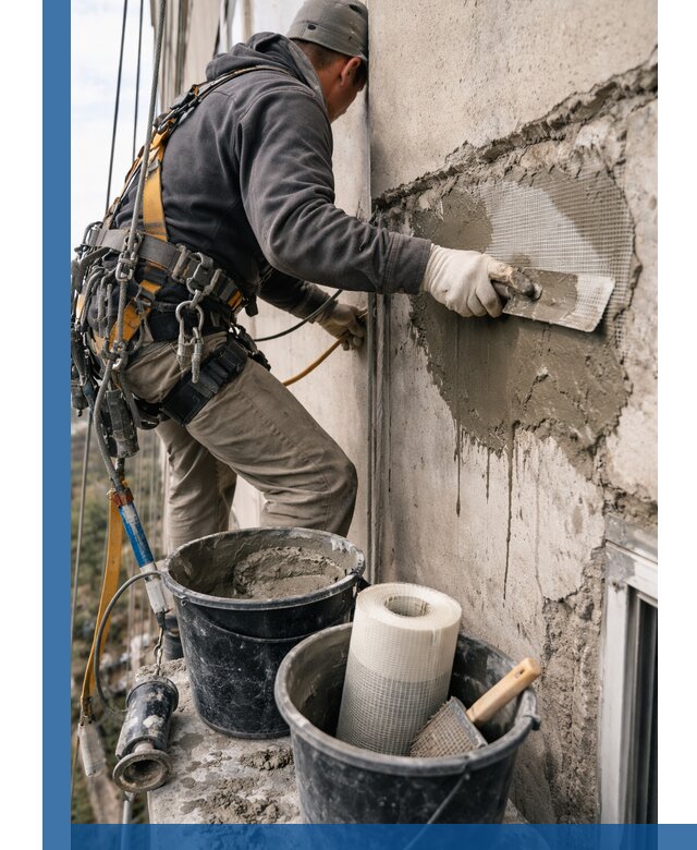 Ремонт бетонных элементов фасада промышленными альпинистами в Спасске-Дальнем