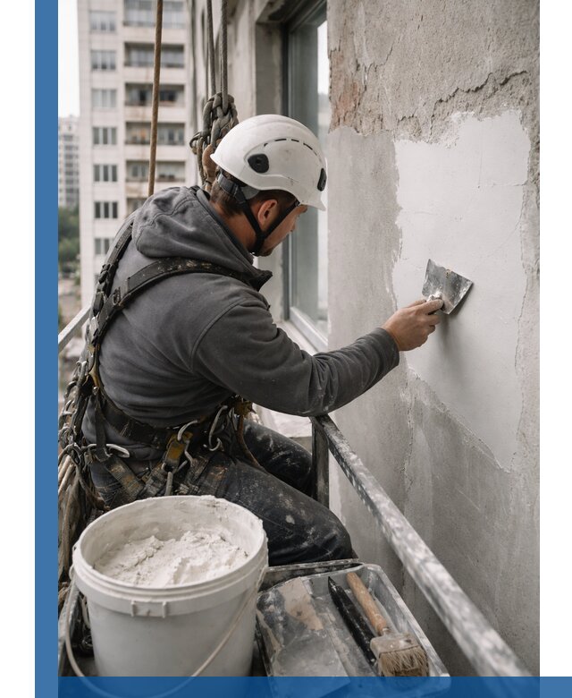 Шпаклевка фасадов на высоте с промальпинистами в Спасске-Дальнем