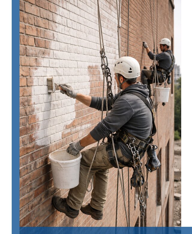 Покраска кирпичного фасада с доступным альпинистским сервисом в Спасске-Дальнем