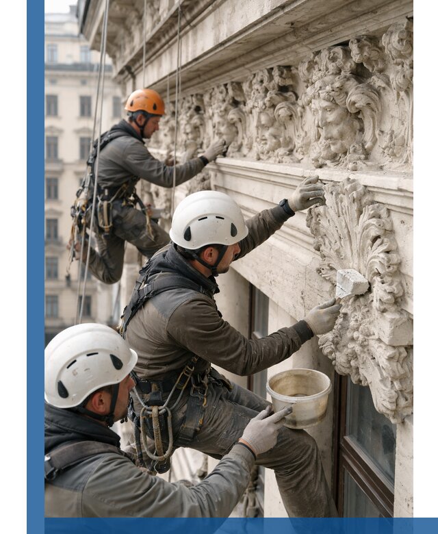 Реставрация фасадной лепнины с высотными работами в Спасске-Дальнем