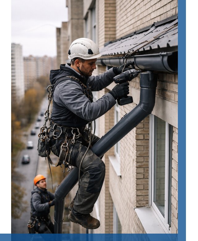 Монтаж водосточной системы на здании в Спасске-Дальнем от 5174 р. | ВЫСОТНИК-Спс