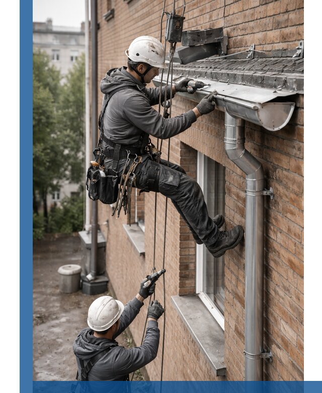 Монтаж водосточной системы на здании в Спасске-Дальнем под ключ