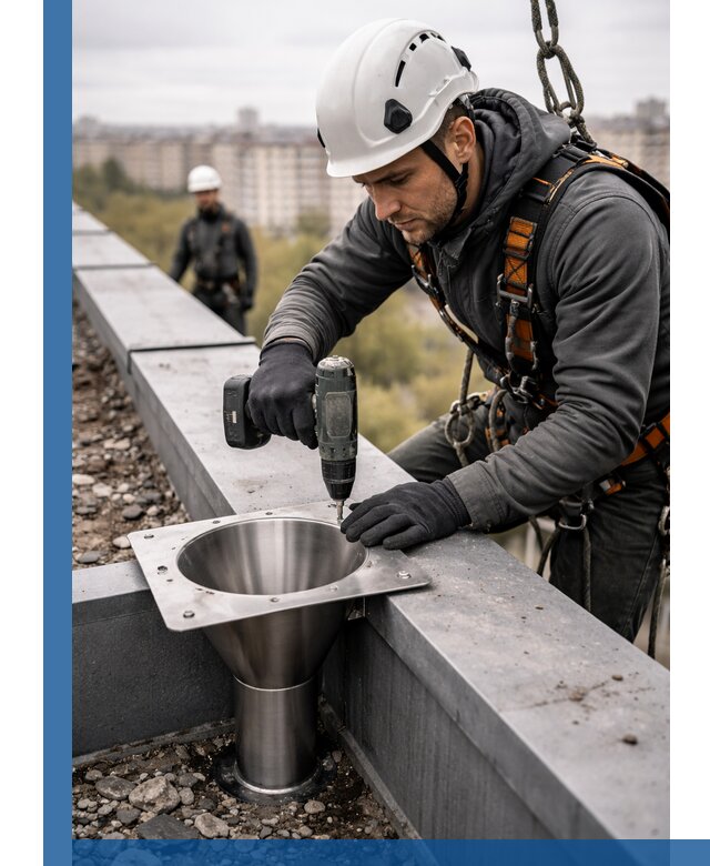 Монтаж водосточных воронок в Спасске-Дальнем для промышленных зданий