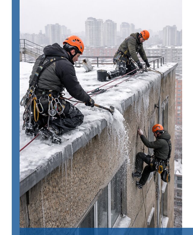 Удаление наледи с кровли в Спасске-Дальнем промышленными альпинистами