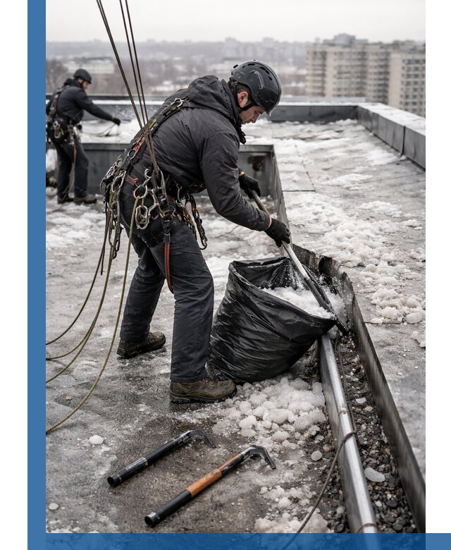 Аварийная очистка кровли в Спасске-Дальнем от промальпинистов