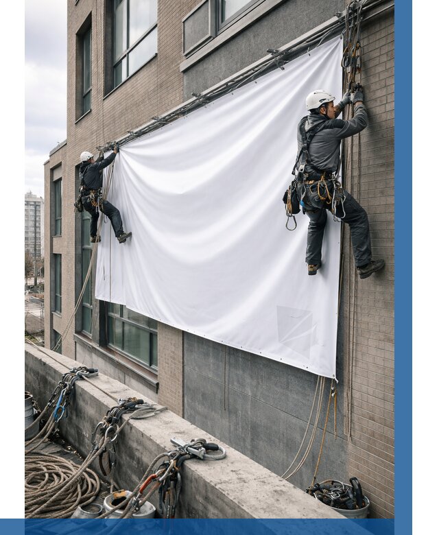 Монтаж баннеров на фасаде в Спасске-Дальнем от 673 р. заказать ВЫСОТНИК-Спс