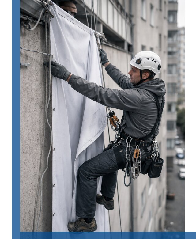 Замена баннерного полотна промышленными альпинистами в Спасске-Дальнем