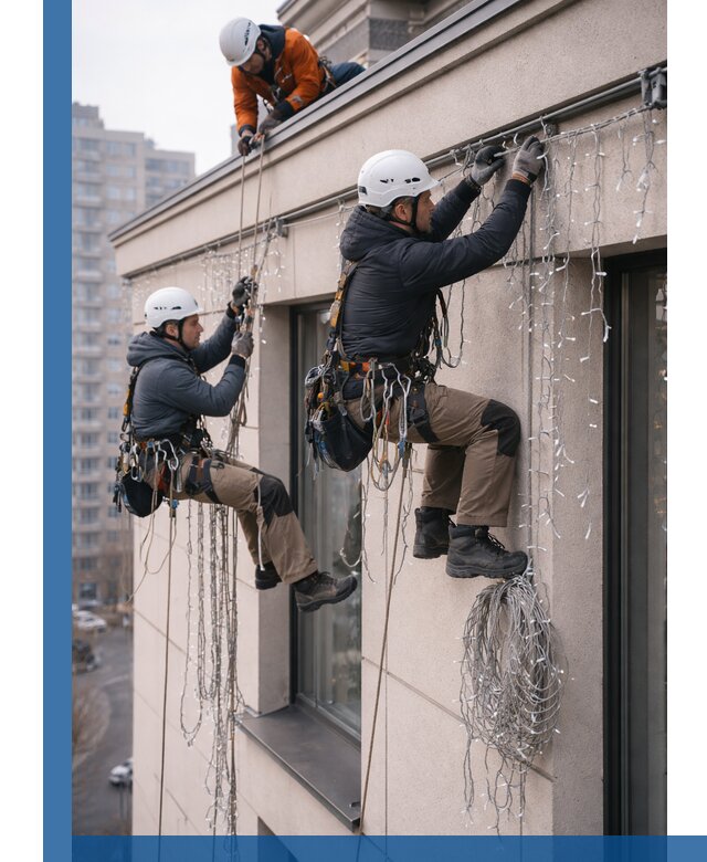 Монтаж праздничных гирлянд на фасаде в Спасске-Дальнем для зданий