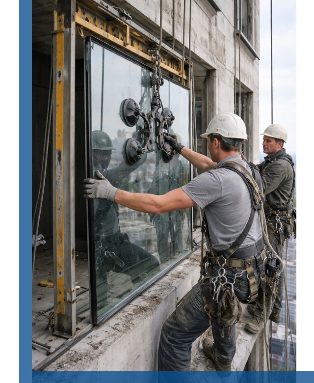 Монтаж стеклопакетов на высоте в Спасске-Дальнем с промышленным альпинизмом