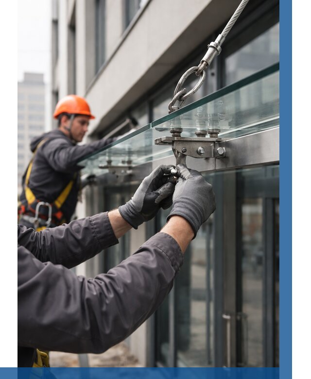 Монтаж стеклянных козырьков в Спасске-Дальнем от 8795 р. | ВЫСОТНИК-Спс