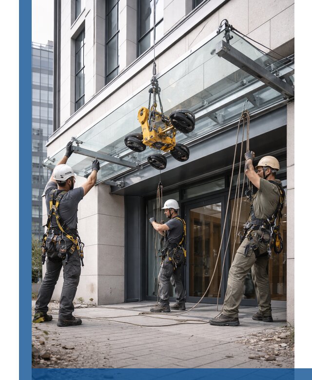 Монтаж стеклянных козырьков под ключ в Спасске-Дальнем для зданий