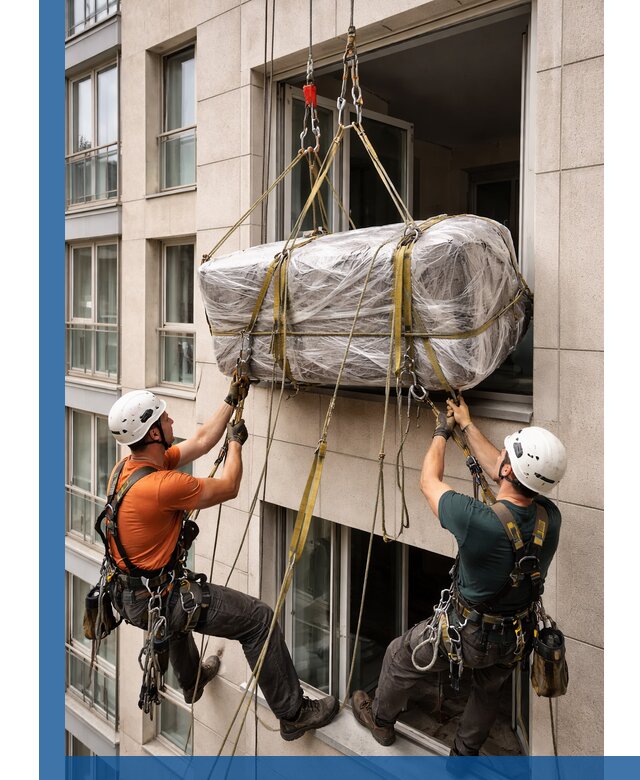 Подъем грузов через окно в Спасске-Дальнем промышленными альпинистами