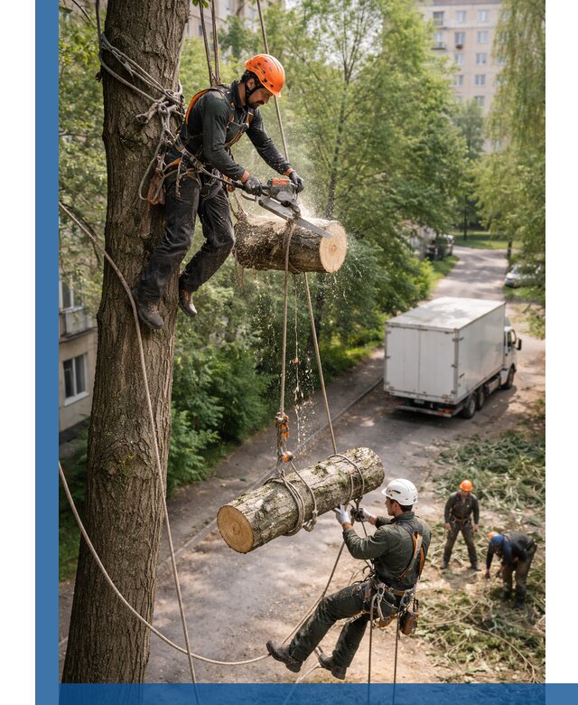 Спил деревьев альпинистами в Спасске-Дальнем, безопасно и без повреждений