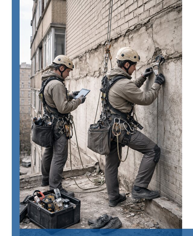 Обследование фасада промышленными альпинистами в Спасске-Дальнем